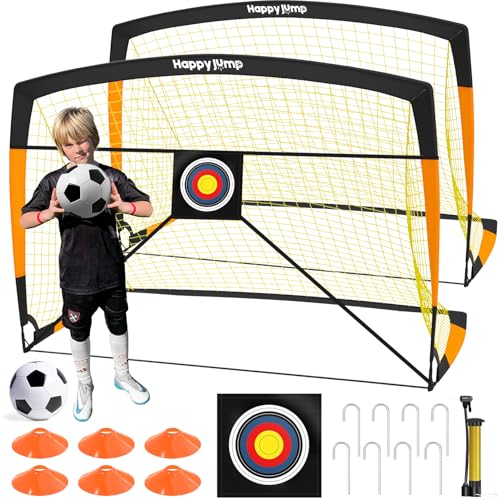 Happy Jump 7x5' & 5x3.6' Portable Soccer Goals for Kids Ages 6-14, Weatherproof Net and Steel Frame for Backyard Fun and Outdoor Training, Quick Setup and Sturdy for All Weather Conditions - style: 7x5 FT, 2 Set Upgrade