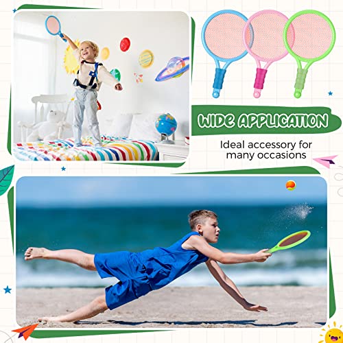 Wettarn 8 Pcs Plastic Kids Tennis Racket with 4 Tennis Balls and 4 Shuttlecocks Training Balls Beach Racket Set in 3 Colors for Kids Outdoor Sports Gifts