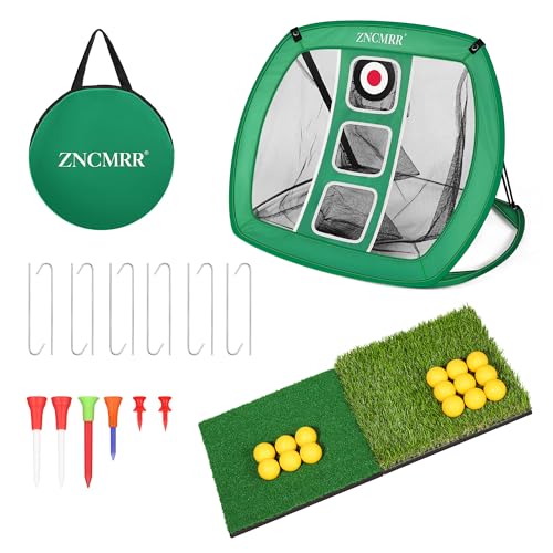 Pop Up Golf Chipping Net, Indoor/Outdoor Golfing Target Net Collapsible Portable Golf Hitting Net with 15 Training Balls and 2 Hitting Mats for Backyard Driving and Swing