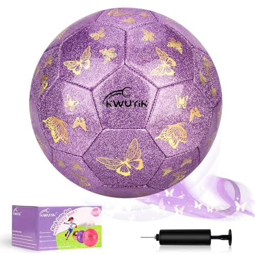 Soccer Ball Size 3 4 Purple Pink Glitter Butterfly Football for Kids Sparkle Gift for Boys Girls Toddlers Aged 3-8 8-12 Easter Birthday Present for Youth Kids Indoor Outdoor Practice - color: Purple Glitter Butterfly, size: size 4