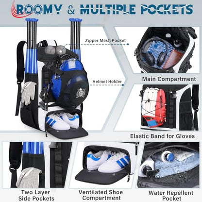 Baseball Bag Lightweight Softball Bags for Adults Youth 40L Large Baseball Backpack with Shoe Compartment, Helmet Holder, Fence Hook Waterproof Softball Bats Bag for T-Ball & Softball Equipment - color: Black & White