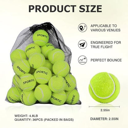 SPORTIC Tennis Balls, Duty Felt Pressurized Tennis Ball with Mesh Bag for 12PC or 36PC -High Bounce Training Exercise Tennis Balls for Beginners & Pet Dog Playing Balls, 3/4/12/36 PCS - style: 36pcs