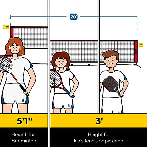 A11N SPORTS Badminton Net - Height Adjustable Volleyball Net for Junior Tennis, Soccer Tennis & Kids - Portable Driveway Pickleball Net for Indoor & Outdoor, 11ft/14ft/20ft Wide