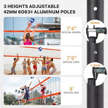 Professional Volleyball Net Set for Outdoor Fun with Adjustable Aluminum Poles, Upgraded Anti-sag Net, PU Volleyball, Boundary Line, Large Carry Bag - color: Bright Orange