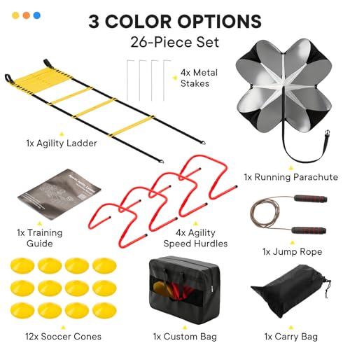 Agility Ladder Speed Training Equipment Set-20ft Ladder,12 Cones, 4 Adjustable Hurdles, Jump Rope, Resistance Parachute| Soccer,Basketball, Football Practice Equipment for Youth, Adults