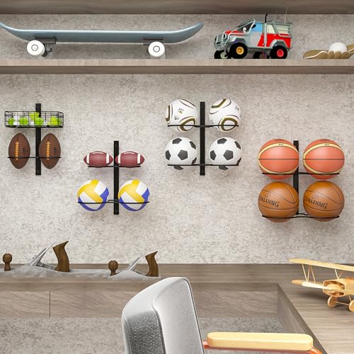 8 Tier Detachable Wall Mounted Basketball Rack,Vertical/Horizontal Football Holder,Holds 14 Balls DIY1/2/3/4 Soccer Stand,Height-Adjustable Ball Rack with Basket for Garage,Tool Room