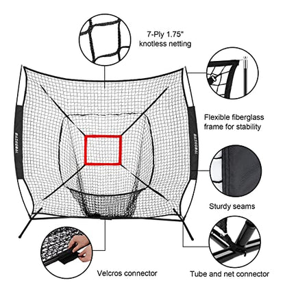 BaseGoal 7'×7' Baseball Softball Practice Net,Baseball Backstop,for Hitting Pitching Batting Catching with Bow Frame,Bonus Strike Zone - style: Black