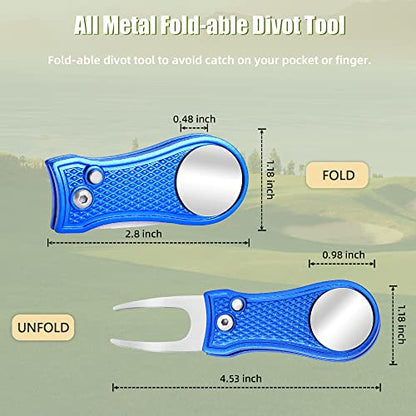 Mile High Life Golf Divot Repair Tool, All Metal Foldable Divot Tool with Pop-up Button & Magnetic Ball Marker - color: Blue Bone