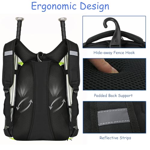 WOLT Youth Baseball Bag - Bat Backpack for Baseball, T-Ball & Softball Equipment & Gear, Bat & Glove Holder, Large Main Compartment for Helmet & accessories, Separate Shoes Compartment, Fence Hook - color: Green