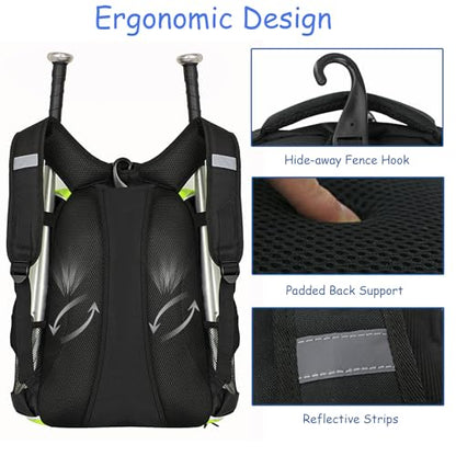 WOLT Youth Baseball Bag - Bat Backpack for Baseball, T-Ball & Softball Equipment & Gear, Bat & Glove Holder, Large Main Compartment for Helmet & accessories, Separate Shoes Compartment, Fence Hook - color: Green
