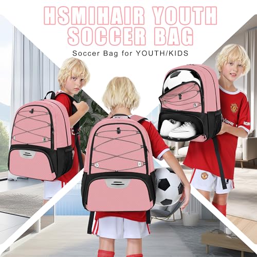 Hsmihair Youth Soccer Bag-Soccer Backpack&Backpack for Football Basketball,with Ball Compartment Separate Cleat Package - color: Light Pink