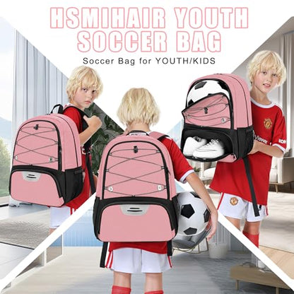 Hsmihair Youth Soccer Bag-Soccer Backpack&Backpack for Football Basketball,with Ball Compartment Separate Cleat Package - color: Light Pink