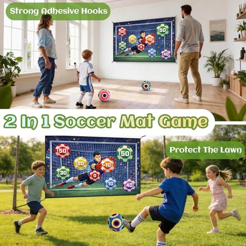 Soccer Ball Game Mat Set for Kids, Sticky Soccer Target Game with 59 x 39 in Flannel Mat, Scoreboard and 2 Balls, Indoor Outdoor Soccer Toys for Ages 3–8 (Medium)