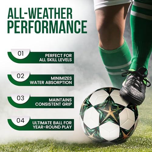 Soccer Ball Size 5 – Official Match & Training Ball, Waterproof Thermal Bonded PU Leather, Butyl Bladder, Kids Youth Adults, Indoor Outdoor, Includes Pump Needle & Mesh Bag