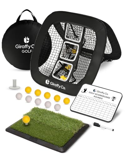 Golf Chipping Net Set with Mat & Practice Balls - Pop-Up 3-Target Chipping Net, Scoring Board, Tee & Carry Bag - Indoor/Outdoor Backyard Short Game Training Aid