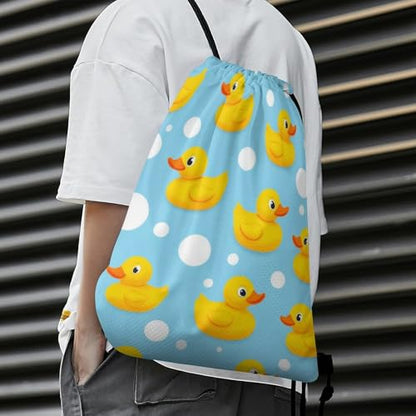 Gym Drawstring Bag Sports Sackpack Waterproof String Backpack with Shoe Compartment for Hiking Swimming Training, Cute Funny Yellow Rubber Ducks And Bubbles Blue Bags - color: Picture (748)