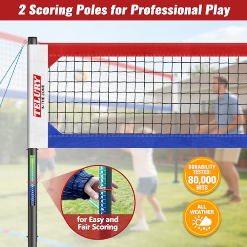 Heavy Duty Professional Volleyball Net Set Aluminum Poles, 32 ft Regulation Portable for Outdoor Backyard Beach, Anti-Sag, Adjustable Height & Length with Carry Bag - color: Red and Blue