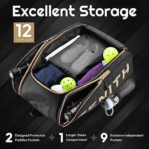 A11N SPORTS Tournament Pickleball Bag Backpack for Men & Women, Holds 4 Paddles, Shoe Compartment, Fence Hook - color: Black/Gold