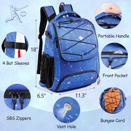 Youth Baseball Bag Backpack with Bat Holder for Boys Girls Baseball & Softball Bat Bag for T-Ball Equipment, Kids Baseball Backpack with Shoe Compartment & Glove Storage - color: Blue