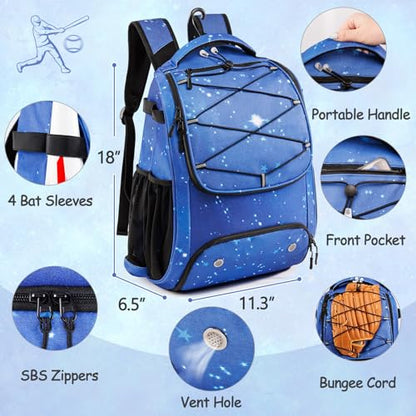 Youth Baseball Bag Backpack with Bat Holder for Boys Girls Baseball & Softball Bat Bag for T-Ball Equipment, Kids Baseball Backpack with Shoe Compartment & Glove Storage - color: Blue
