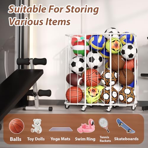 YKDIRECT 250L Rolling Ball Organizer with Locking Wheels - Large Sports Storage Basket for Basketball Soccer Football Volleyball, Steel Garage Equipment Cart with Elastic Rope for Household Storage - size: 250L