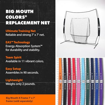 Bownet Big Mouth Replacement Net 7' x 7' - Yellow Durable Practice Net - Fits Original 7x7 or Big Mouth - Perfect for Training, Baseball Field Drills, Practice Sessions, and Sports Training Use