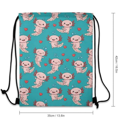 Drawstring Backpack Gym Sackpack Lightweight Waterproof String Bag for Sports Travel Yoga Beach Swimming, Men Women Unisex, Axolotls Hearts And Bubbles Green Bags - color: Picture (361)