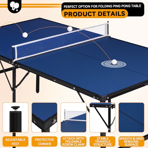 6x3 ft Mid Size Portable Ping Pong Table, Indoor Outdoor Folding Table Tennis Table, Table Tennis for Rec Room w/ 2 Paddles, 2 Balls, Game Net and Adjustable Feet, Sturdy Iron Frame (Blue)