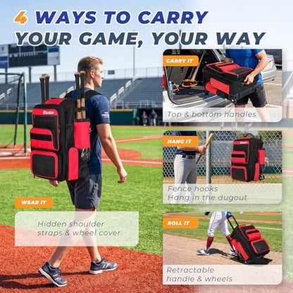 Rolling Baseball Bag with Wheels, 70L Large Capacity Baseball Backpack with Hidden Shoulder Strap, Sturdy Softball Bag with Multi-Pockets, Shoe Compartment, Fence Hooks for Players, Coaches - color: Red