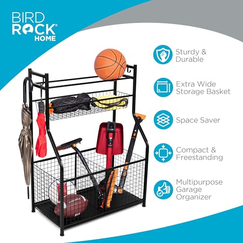 BIRDROCK HOME Sports Equipment Ball Organizer 43"H for Garage -Storage Rack - Baseball, Tennis, Football, Gym Gear - Wide Bin Basket - 4 Hooks - Kids Toy Holder - Hockey Stick Cage | Indoor - Outdoor