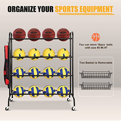 FHXZH Ball Storage Garage, Basketball Racks, Ball Holder, Rolling Sports Equipment Storage Cart with Baskets and Hooks, Garage Sports Equipment Organizer with Wheels