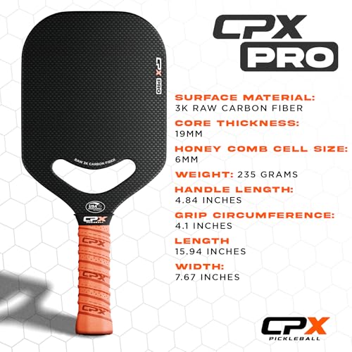 CPX Pro Carbon Fiber Pickleball Paddle - Professional Grade, Matte Finish, Honeycomb Core, Tennis Style Grip - Edgeless Paddle Designed in Chicago, USA - color: Black Pro