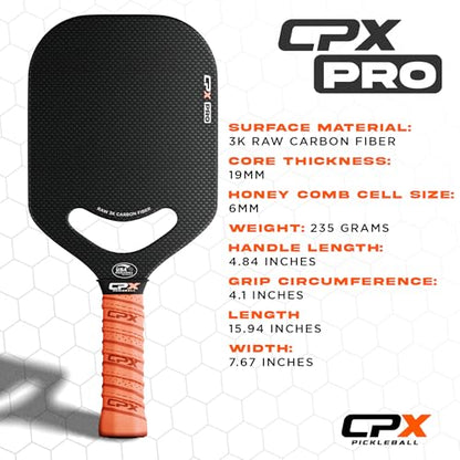 CPX Pro Carbon Fiber Pickleball Paddle - Professional Grade, Matte Finish, Honeycomb Core, Tennis Style Grip - Edgeless Paddle Designed in Chicago, USA - color: Black Pro