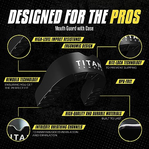 Titan Armour® Mouth Guard Boxing | Premium Dual-Layer | Case Included | Adult & Youth Custom-Fit Mouthpiece | Boil & Bite Mouthguard for Men: Football, MMA, Hockey, Lacrosse, BJJ, Basketball - color: Black, size: Adult Age 11+