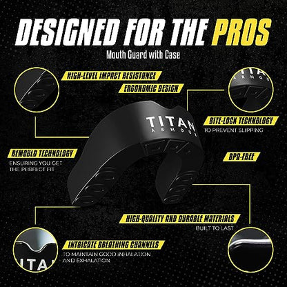 Titan Armour® Mouth Guard Boxing | Premium Dual-Layer | Case Included | Adult & Youth Custom-Fit Mouthpiece | Boil & Bite Mouthguard for Men: Football, MMA, Hockey, Lacrosse, BJJ, Basketball - color: Black, size: Adult Age 11+