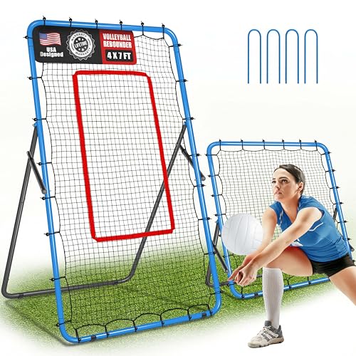 2-in-1 Volleyball Rebounder Net, Adjustable 7×4 ft to 4.5×4 ft Bounce Back Training Rebound Equipment with Angle Customization for Volleying, Bumping, Spiking Practice - color: Blue