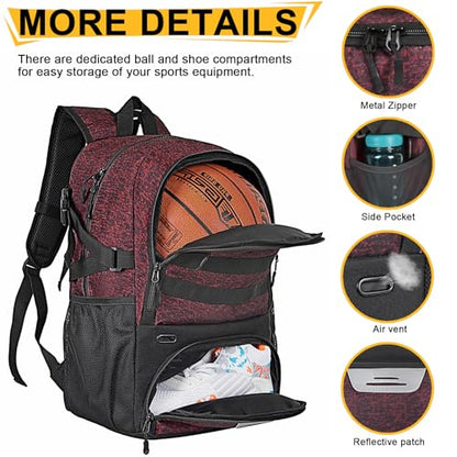 Goloni Basketball Backpack,Large Basketball Bag with Ball Compartment & Shoe Compartment,Sports Bag Fit Volleyball, soccer - color: Red