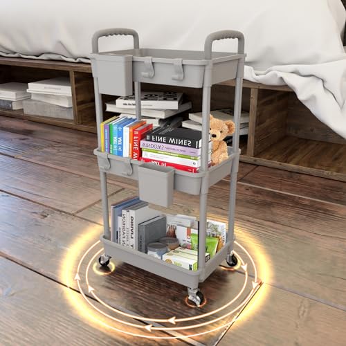 3 Tier Rolling Utility Cart with Handle,REBECAT Utility Cart Made of Multifunctional Storage Organizer Tool for Kitchen,Bathroom,Living Room,Office(Gray) - color: Gery
