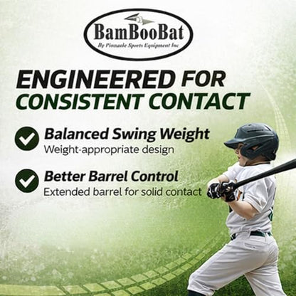 BAMBOOBAT by Pinnacle Sports Equipment INC. Youth Durable Bamboo Baseball Bat for Players Aging 5-13 Years Old - 100 Day Warranty