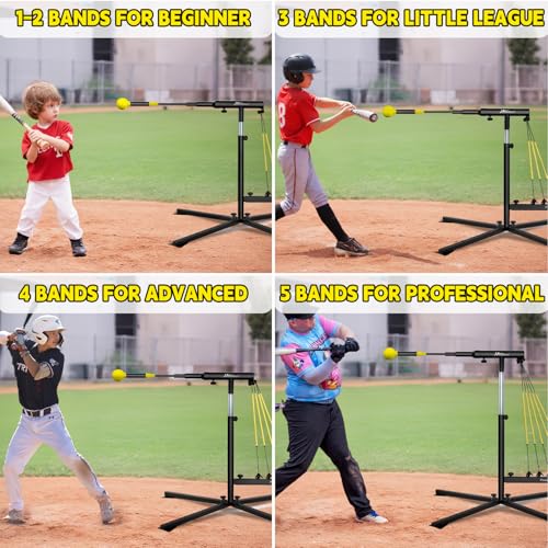 JASCOPRO Baseball Swing Trainer with 5 Power Bands,Height Adjustable 31-47 inches Baseball Hitting Trainer, Auto Reset Baseball Training Equipment Softball Swing Trainer with Metal Stakes & Carry Bag