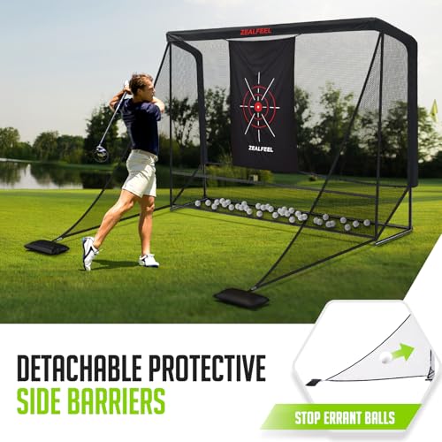 Zealfeel Golf Net, 10x7ft/8x8ft/11x8ft Golf Enclosure Net with Side Barriers/Auto-Ball Return, Low-Noise Target, Carry Bag, 4 Stakes, Hitting Practice Net for Backyard Driving Chipping Indoor Outdoor