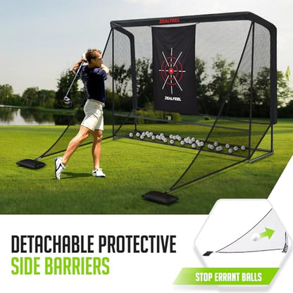 Zealfeel Golf Net, 10x7ft/8x8ft/11x8ft Golf Enclosure Net with Side Barriers/Auto-Ball Return, Low-Noise Target, Carry Bag, 4 Stakes, Hitting Practice Net for Backyard Driving Chipping Indoor Outdoor