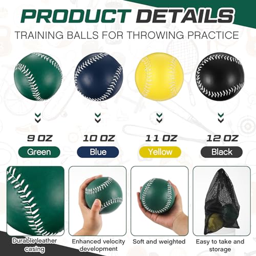 Arrowbash Weighted Softball Training Softballs Set Weighted Balls Bulk for Softball with Drawstring Bag - color: Green, Blue, Yellow, Black
