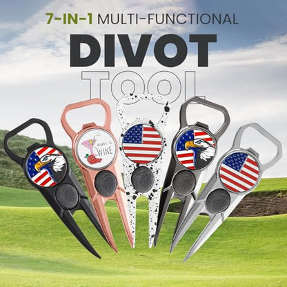 FINGER TEN Golf Divot Repair Tool and Ball Marker 7-in-1 Value 2 Pack, Premium Leather Grip Tools with Belt Clip, Club Tee, Club Groove Cleaner, Bottle Opener, Putting Alignment Guide - color: Dots