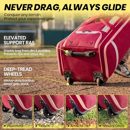 100L Rolling Catchers Gear Bag - Large Baseball & Softball Duffle with 5 Fence Hooks, Locker-Style Organizer, Holds 8 Bats, Vented Shoe Zone - Essential Pro Edition - color: Cardinal Maroon
