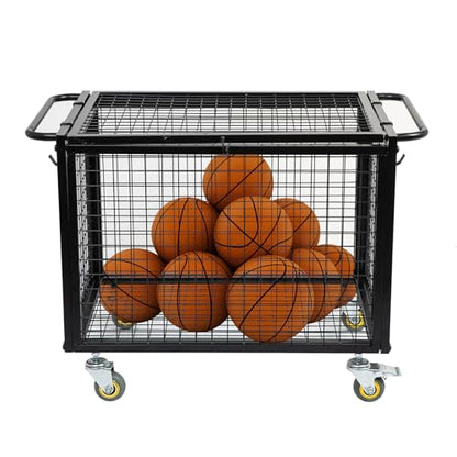 Metal Basketball Rolling Cart Sports Equipment Storage Wheel Basket Matte Black Athletic Lockable Cage with Raised Handle Gym Home Garage School Court Field Football Soccer Ball Volleyball Bat
