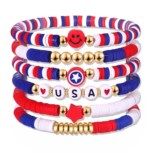 OHOME 4th of July Outfits for Women - 6 Pack Patriotic Bracelets | Fourth of July Decorations Accessories Shirts for Memorial Day Decorations - 250 Anniversary America Merchandise USA for Women - style: 4th of july