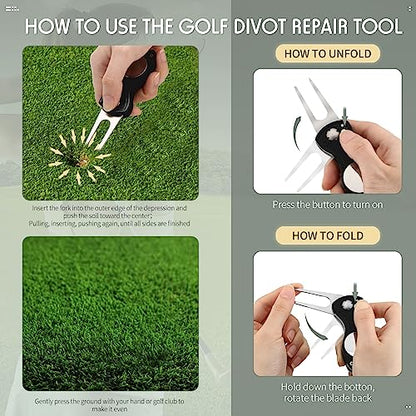 Skylety 4 Pcs Golf Divot Repair Tool Metal Foldable Golf Divot Tool with Magnetic Pop-up Button Ball Marker Stainless Steel Switchblade for Golfers Prizes - color: Black