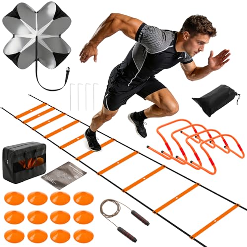 Agility Ladder Speed Training Equipment Set-20ft Ladder,12 Cones, 4 Adjustable Hurdles, Jump Rope, Resistance Parachute| Soccer,Basketball, Football Practice Equipment for Youth, Adults - color: Orange, size: 17.17"*5.71"*13.31"