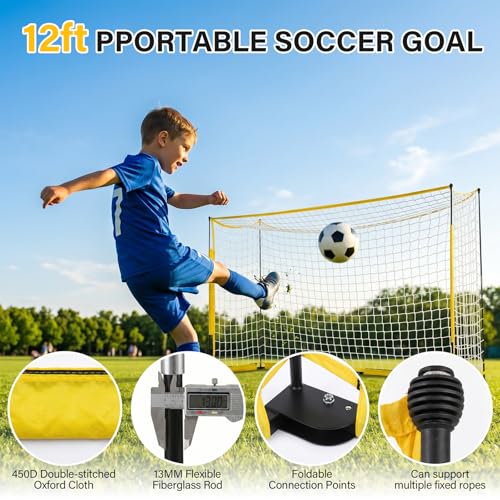 Soccer Goal,12x6ft Soccer Net for Backyard Training, Upgraded Collapsible Metal Base, Portable Soccer Goals for Backyard, Easy Set Up Soccer Net with 1 Carry Bag & 4 Guy & Ropes 8 Ground Stakes